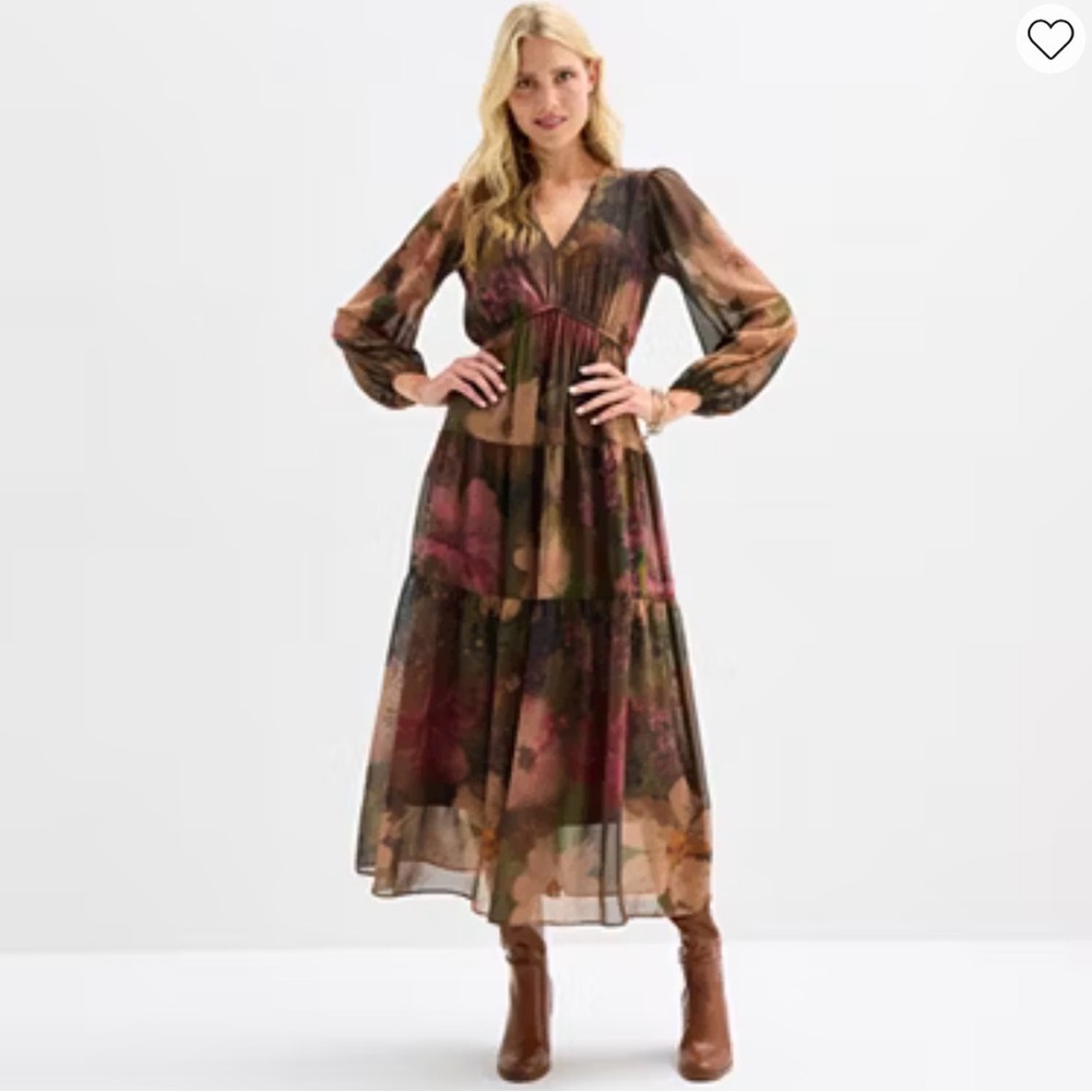 Floral Tiered Fall Maxi Dress with long sheer sleeves